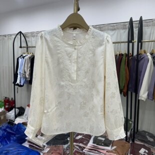 高级感法式 时尚 新款 春季 优雅印花暗纹百搭打底8809 花边领设计小衫