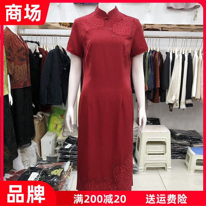西湖月86295 婚宴喜婆婆丝缎短袖旗袍裙子秋季新款真丝缎连衣裙