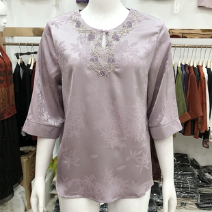 中老年桑蚕丝缎小衫 妈妈真丝缎衬衫 中袖 新款 女上衣夏季 扬澜560