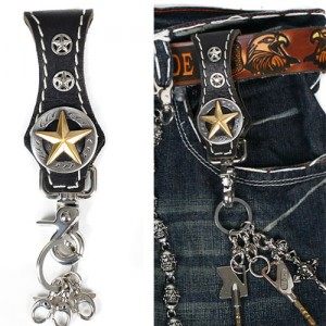 Bikegear个性骑士铆钉钥匙扣纯牛皮五星十字个性钥匙链腰带挂扣