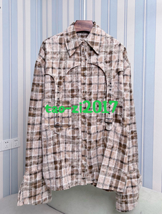钟楚曦同款复古腰带扣格子纹拼接衬衫高级宽松休闲百搭上衣女明星