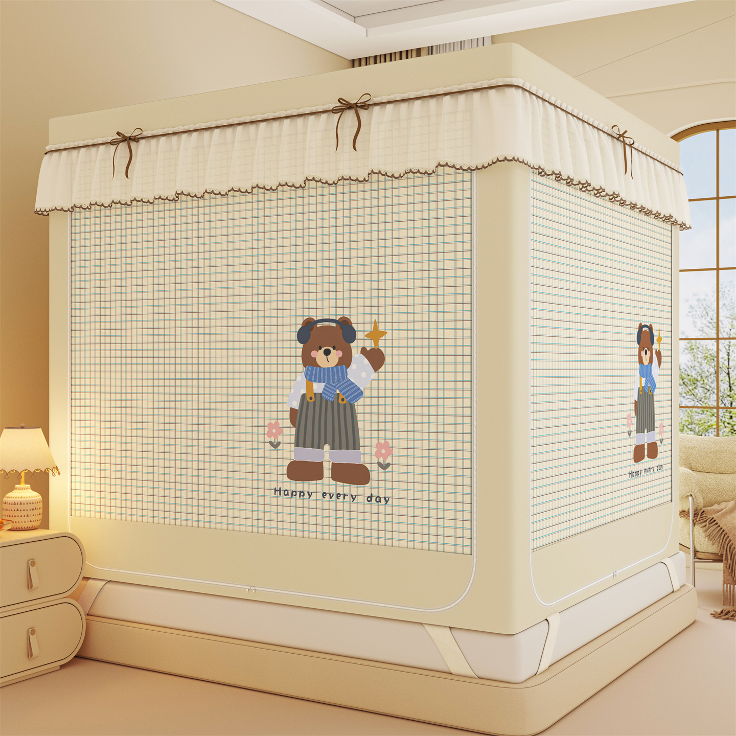 双层卡通家用坐式遮光床帘蚊帐儿童防摔防风隐私拉链式帐纱床幔布