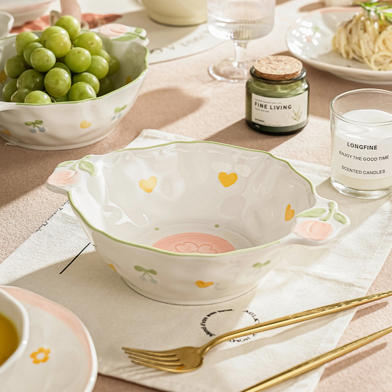 郁见花开双耳碗面碗家用陶瓷汤碗汤盆高颜值水果沙拉碗大碗泡面碗