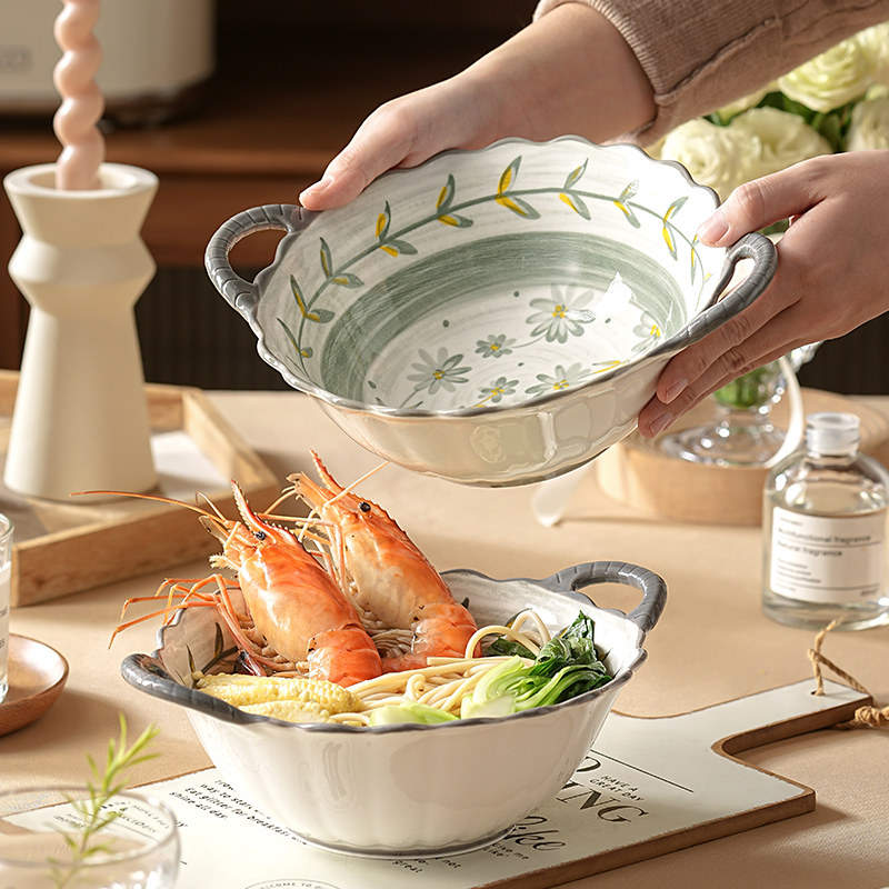 荷意釉下彩陶瓷汤碗家用2025新款餐具拉面碗个人专用双耳沙拉汤盆