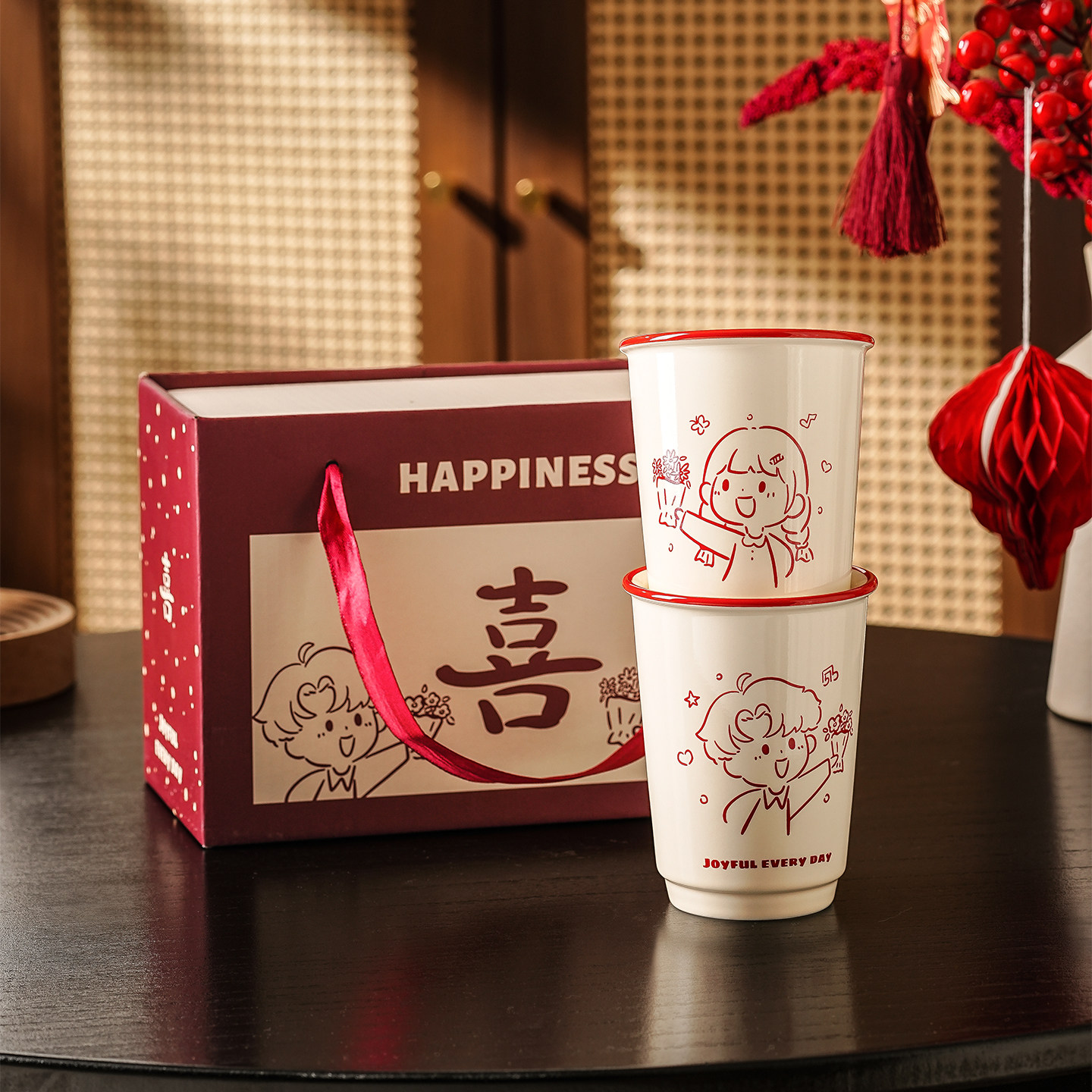 马克杯子礼盒陶瓷水杯情侣杯子高级感一对红色结婚新婚礼物送新人