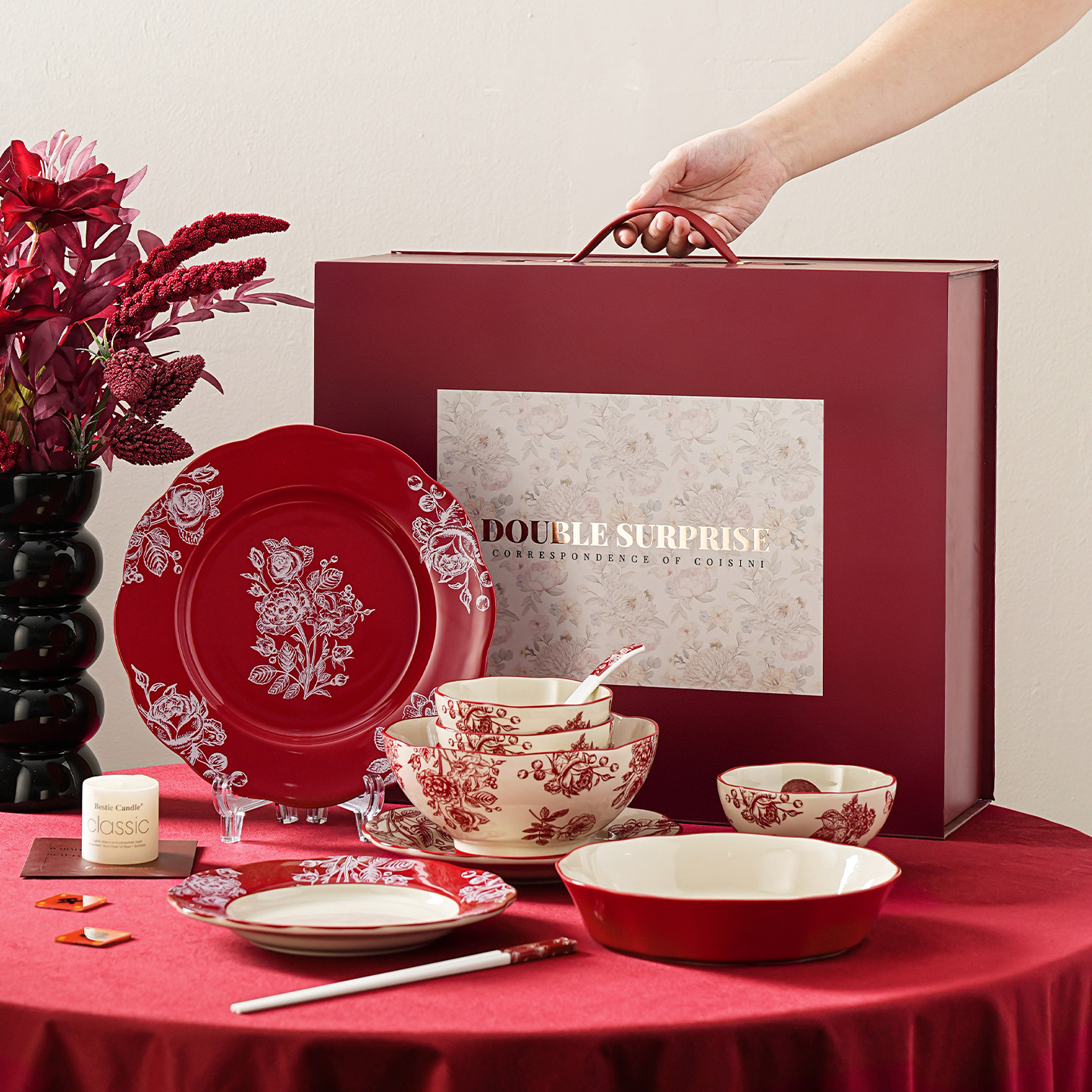 新婚礼物送新娘高档碗碟餐具陶瓷红色碗盘筷套装乔迁新居结婚礼盒