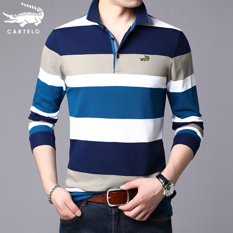 卡帝乐鳄鱼男士长袖T恤中年纯棉条纹翻领秋衣男装加绒体恤Polo衫