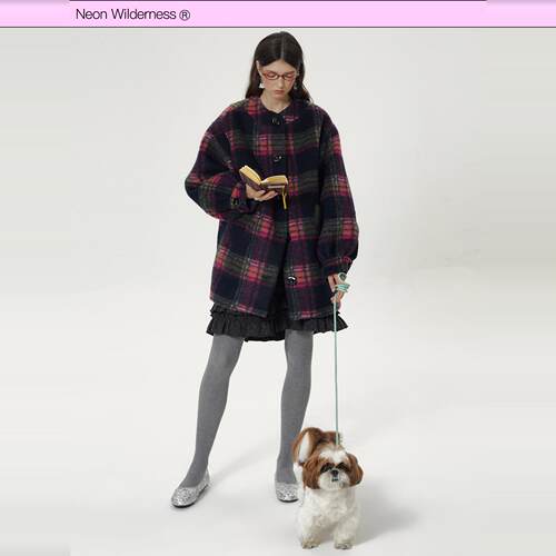 霓虹大荒野® 复古大格纹茧形圆领毛呢大衣外套