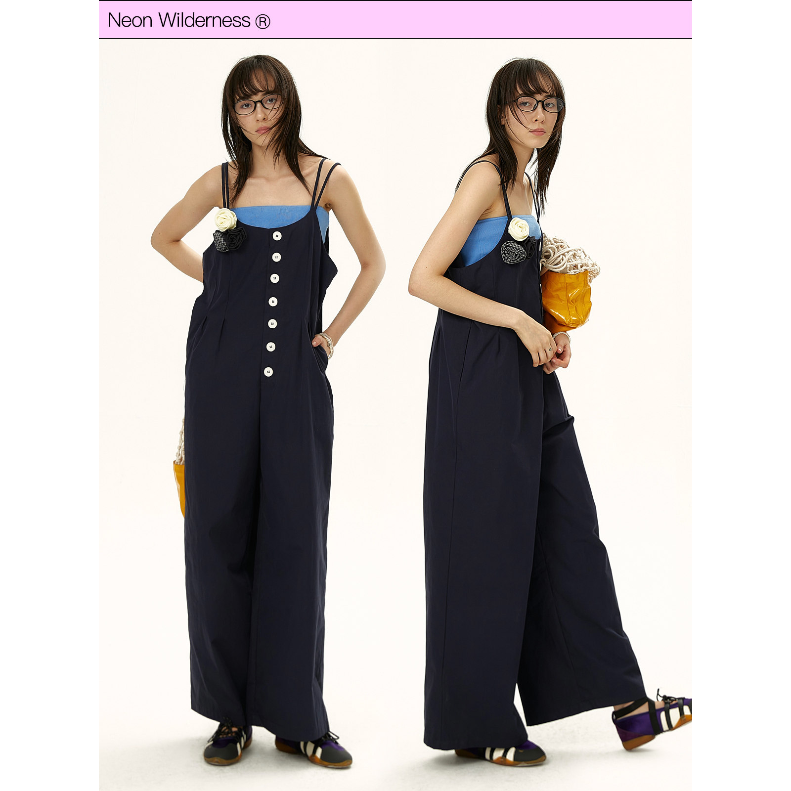 霓虹大荒野&reg;夏季新品 立体花朵墨蓝色垂感吊带背带裤 送抹胸