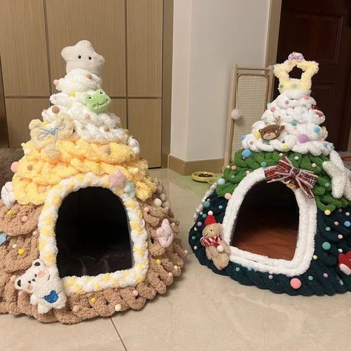 diy圣诞树猫窝毛线编织手工材料包冬季宠物窝半封闭式安全感狗窝