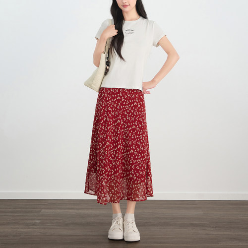 2026年夏季新款复古红碎花印花半身裙女士高腰A字中长裙浪漫显瘦
