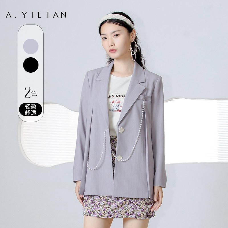 阿依莲2022年春季新品时尚珍珠链条西装 商务休闲长袖外套上衣女