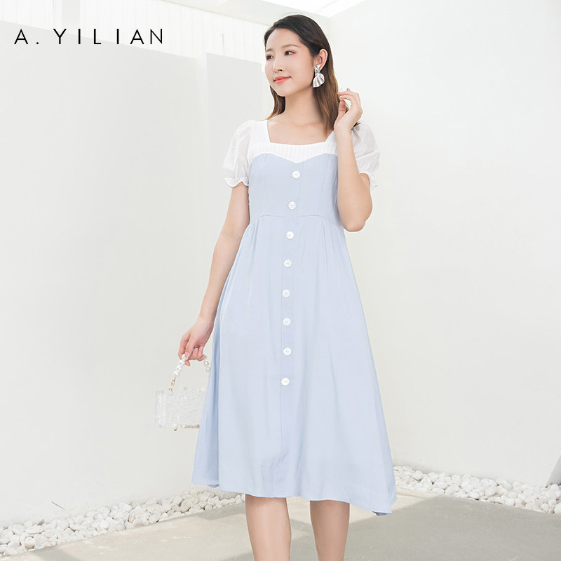 阿依莲气质拼接方领连衣裙女 假两件高腰中长裙夏新款