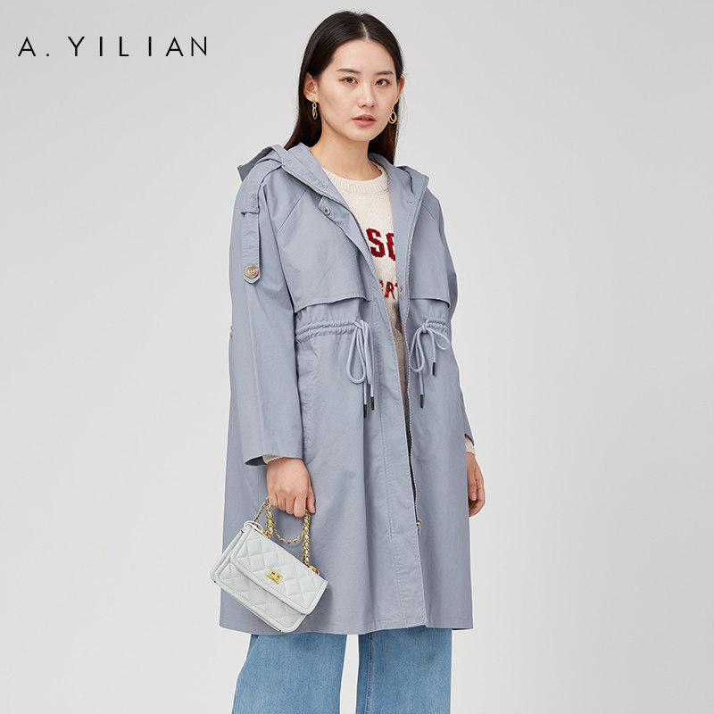 阿依莲收腰显瘦风衣女中长款简约纯色连帽外套