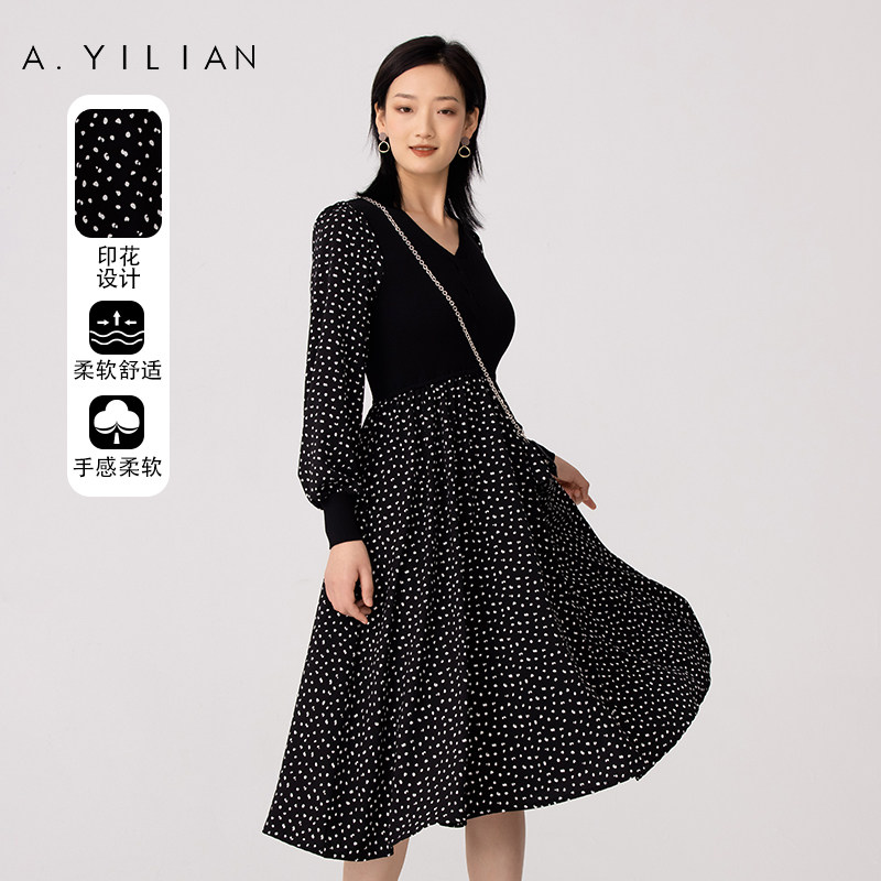 【商场同款】阿依莲小波点收腰毛织连衣裙
