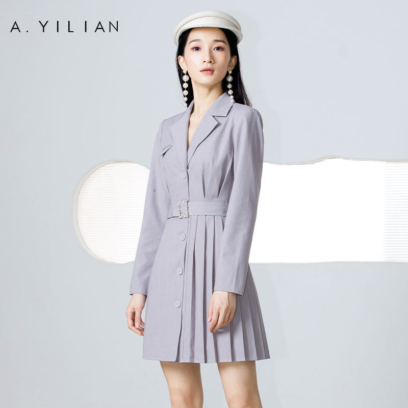 阿依莲2021新款秋季女士气质收腰西装压褶西装连衣裙