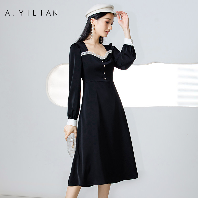 阿依莲旗舰店官网正品 赫本复古连衣裙长袖气质显瘦长裙