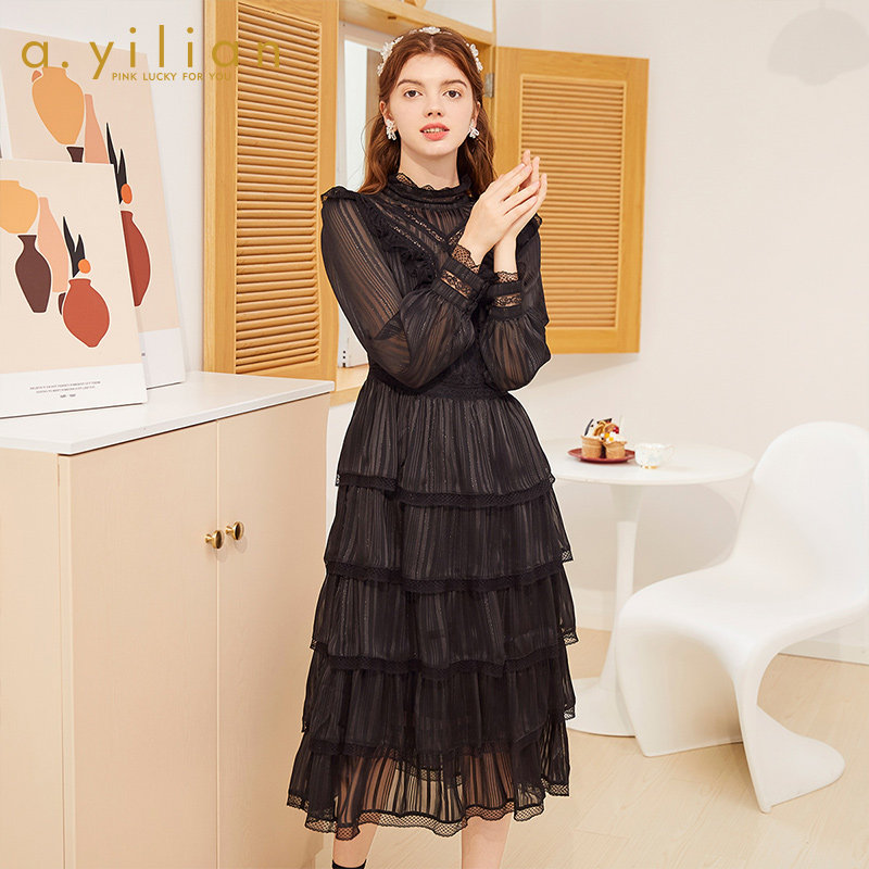 阿依莲2021 新款优雅蕾丝连衣裙女蛋糕裙气质女神范裙子小清新