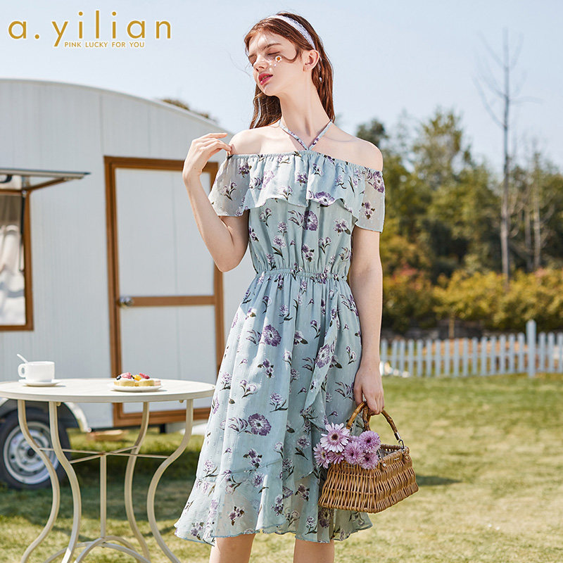 阿依莲连衣裙女2020夏季新款时尚气质收腰显瘦一字领中长裙