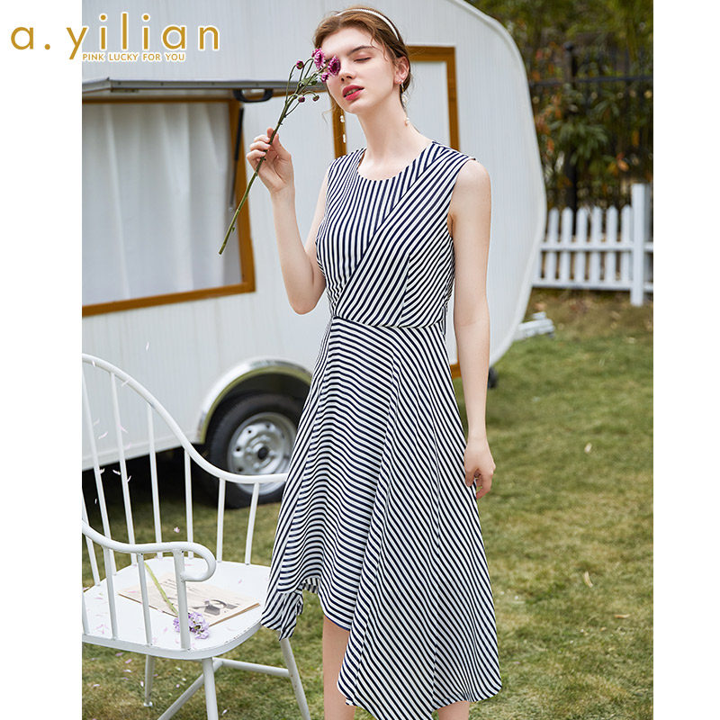 阿依莲连衣裙夏2020年新款显瘦条纹无袖收腰气质女士裙子