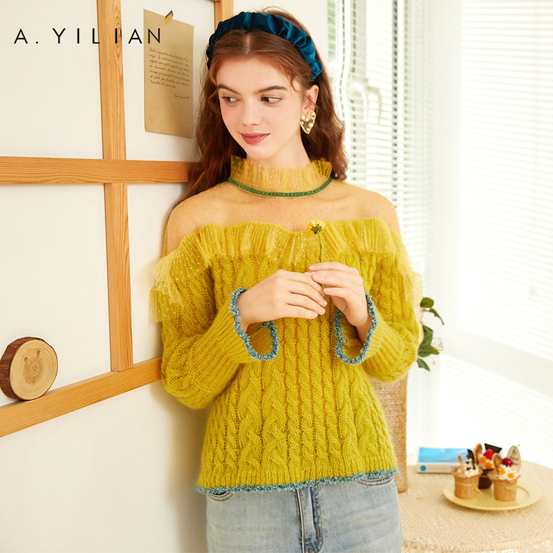 阿依莲旗舰店官网正品 套头长袖宽松针织衫拼接网纱纽绳毛衣