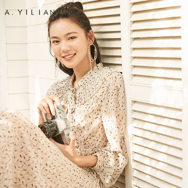 阿依莲印花压褶仙女裙 褶边蝴蝶领带 雪纺长裙连衣裙 2021秋上新