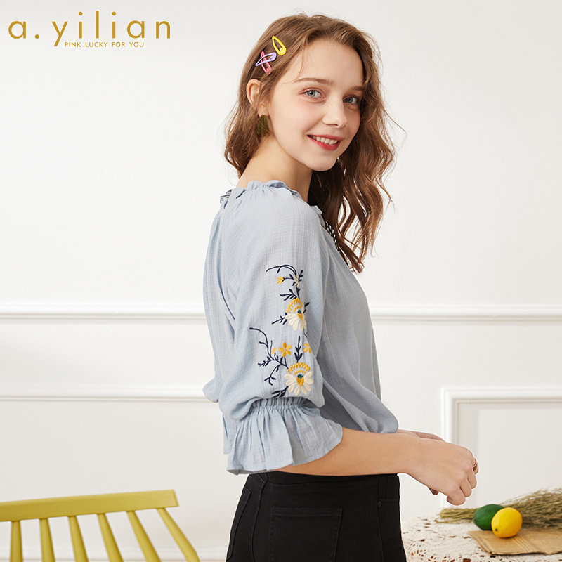 阿依莲旗舰店官网正品2020春季新款衬衫女设计感小众刺绣长袖衬衣