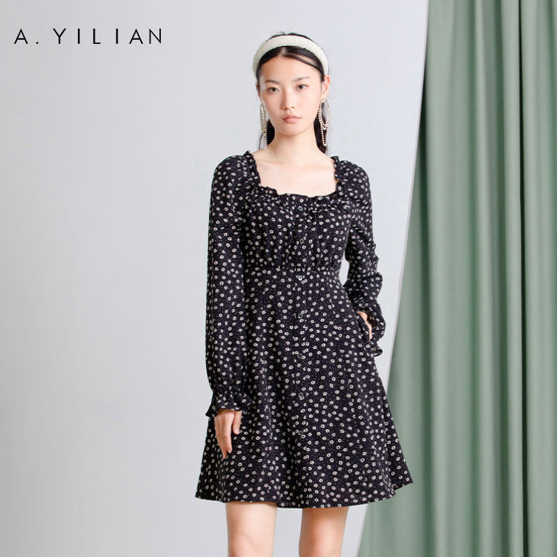 阿依莲官网正品 女士秋装长袖韩范碎花收腰显瘦气质修身连衣裙