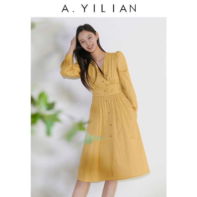 阿依莲2022年秋季新款淑女风V领长袖收腰显瘦中长款A版连衣裙女