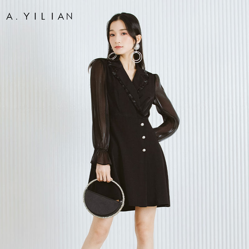 阿依莲2021新款人鱼姬拼接连衣裙V领长袖收腰显瘦连衣裙