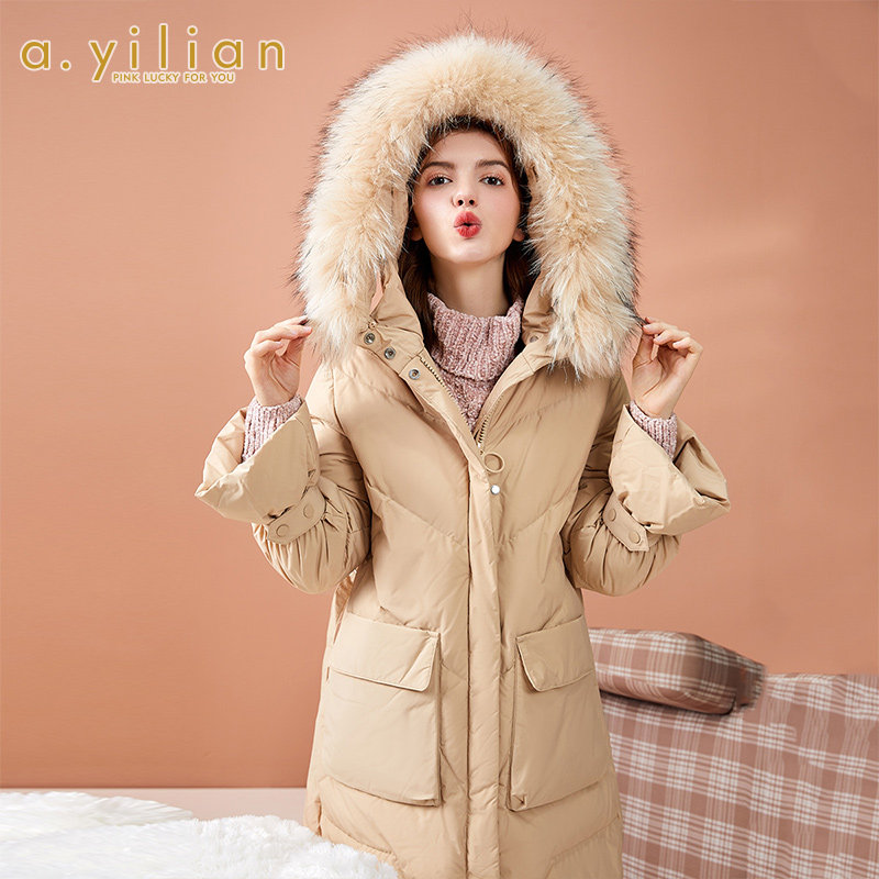 阿依莲2021初冬装新款羽绒服女中长款外套连帽保暖貉子毛领正品