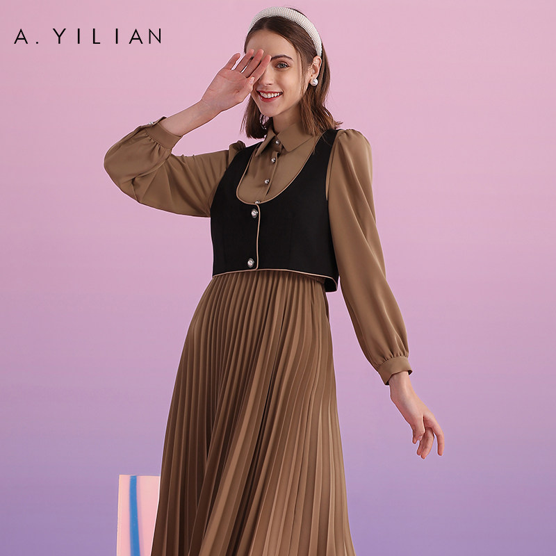 阿依莲两件套连衣裙秋季女士长袖百褶裙气质通勤