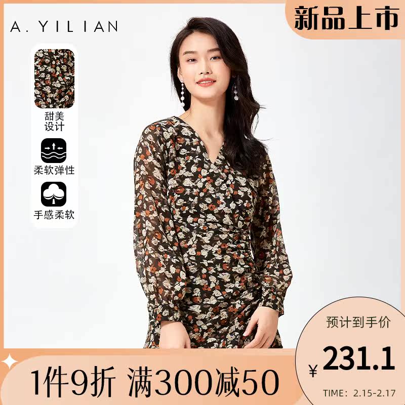 阿依莲2022年春季新款复古雪纺连衣裙气质长款时尚减龄长袖裙子