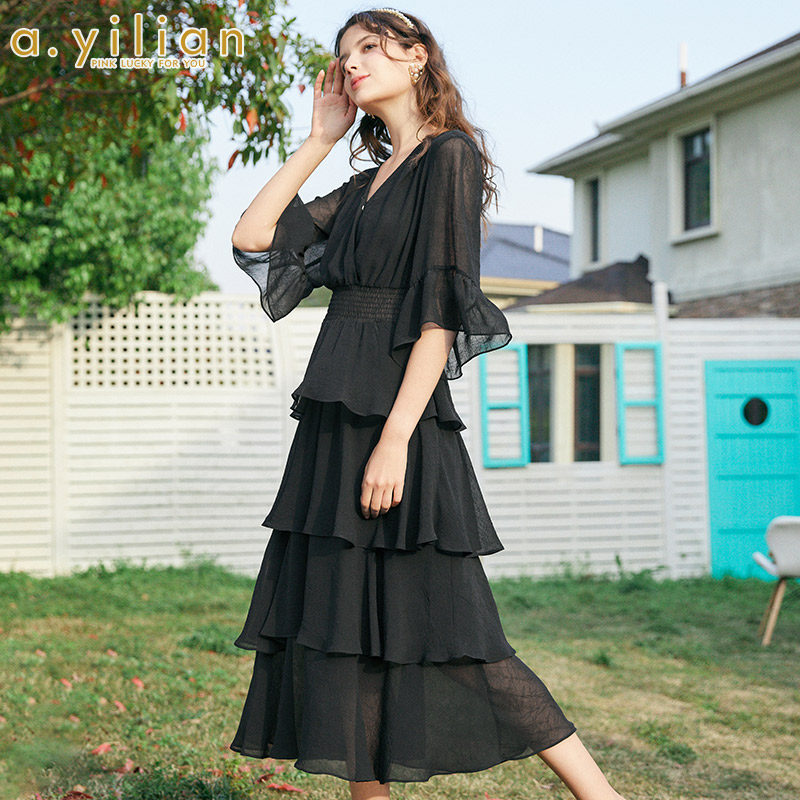 阿依莲连衣裙女2020新款夏季时尚宽松气质雪纺显瘦显高短袖蛋糕裙