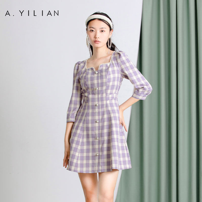 阿依莲格子显瘦收腰修身裙子法式格纹连衣裙