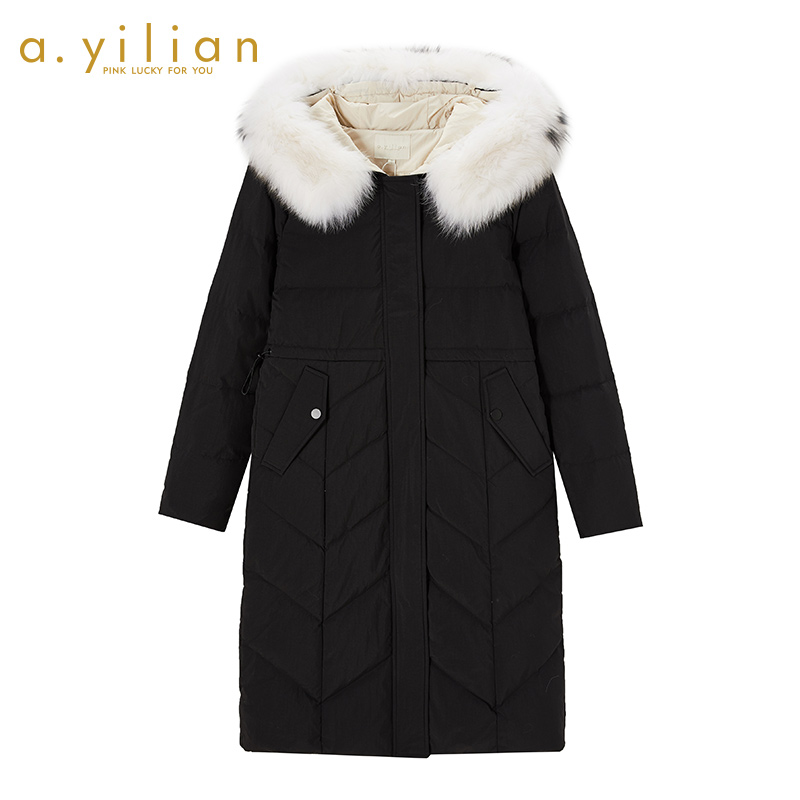 阿依莲正品羽绒服2021年新款女冬白鸭绒中长款时尚宽松大毛领外套