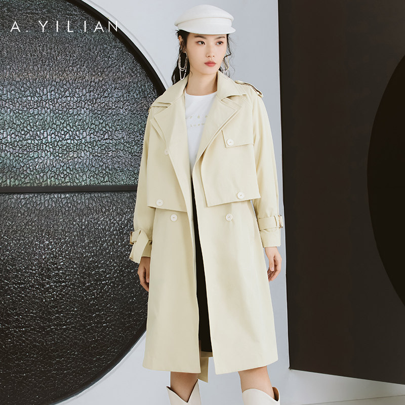 阿依莲2021年秋季气质翻领女士风衣中长款简约时尚通勤外套