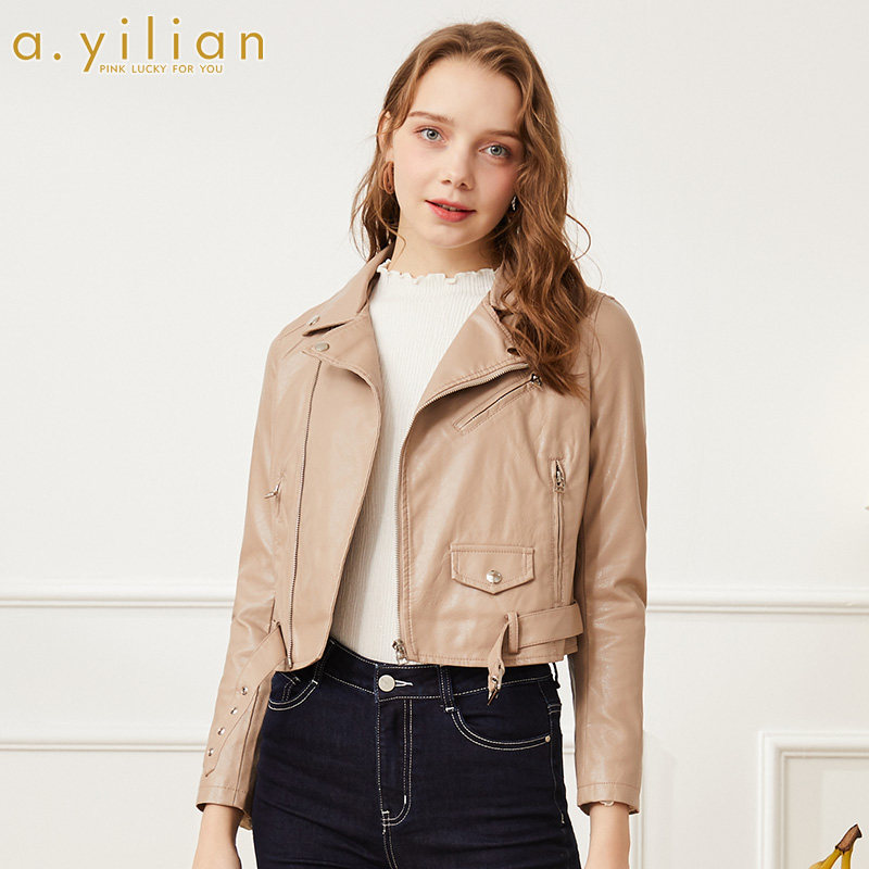 阿依莲旗舰店官网正品2020新款春秋装时尚潮流修身皮衣长袖皮衣女