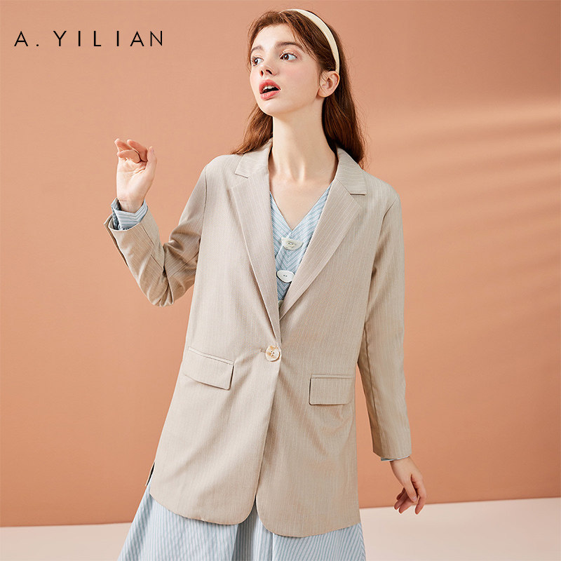 阿依莲时尚英伦风西装 2021秋新款 气质复古中长款西装外套