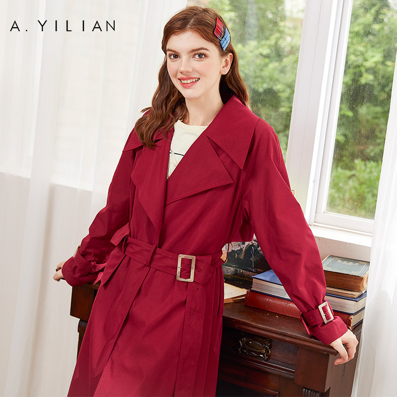 阿依莲旗舰店官网正品 秋季女士中长款风衣修身显瘦气质翻领外套