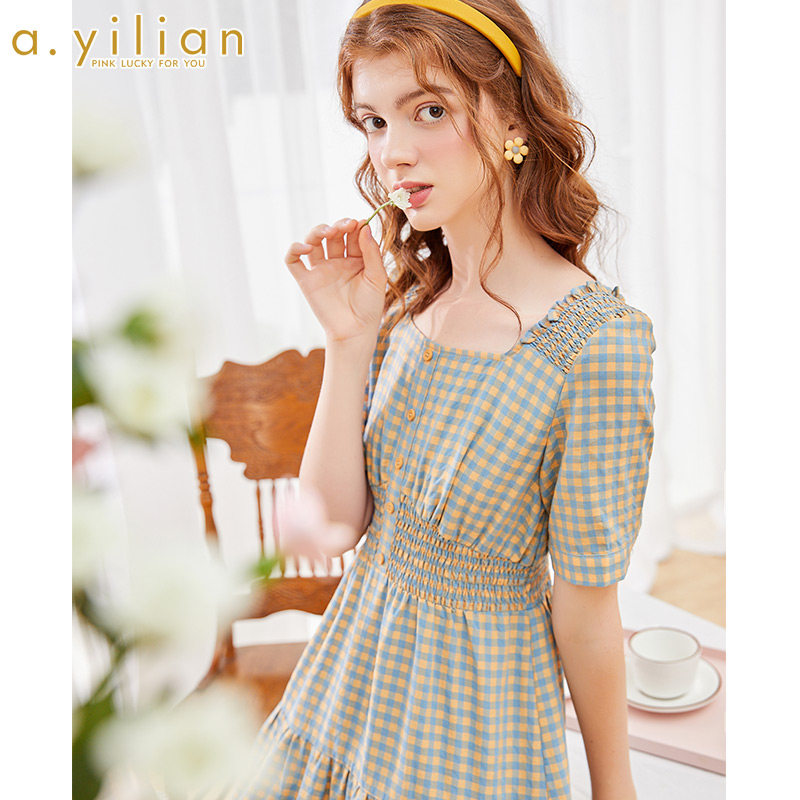 阿依莲连衣裙女2020夏季新款中长裙显瘦显高短袖裙子小个子女神范