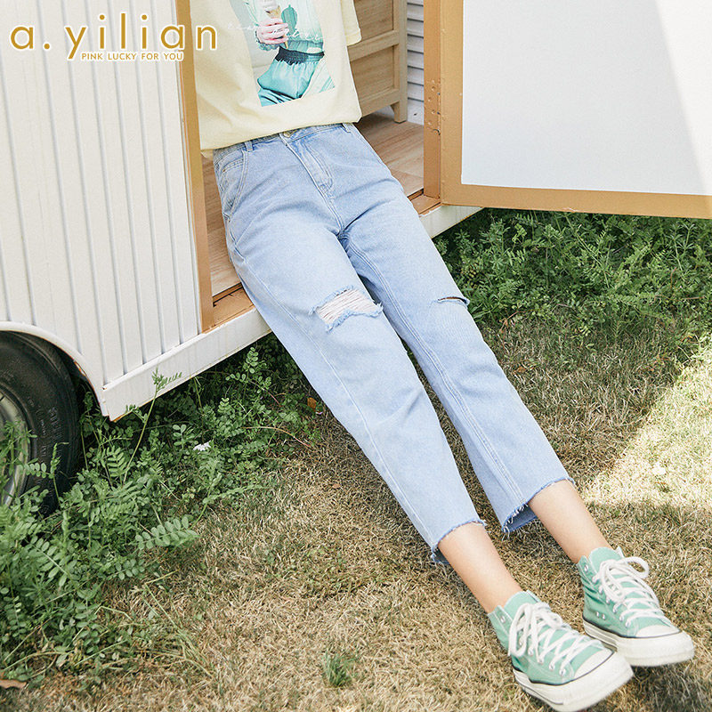 阿依莲牛仔裤女2020夏季新款直筒休闲百搭时尚薄款纯棉牛仔女裤
