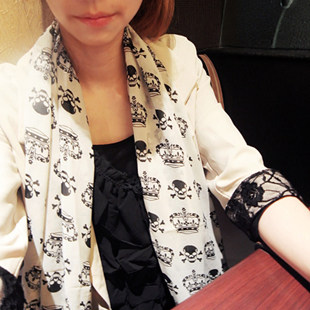 围巾 韩版 春秋冬 女皇冠 骷髅头图案绒雪纺 女围巾丝巾披肩 包邮