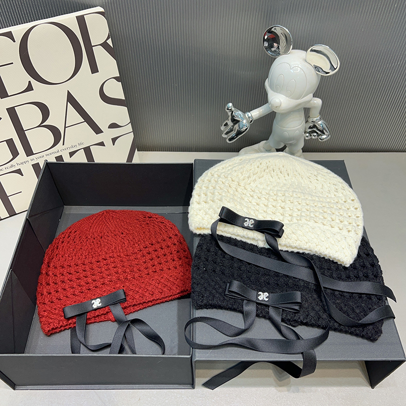 小香风蝴蝶结保暖毛线帽针织帽女