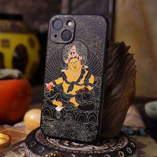 黄财神浮雕高级皮革防摔苹果佛系