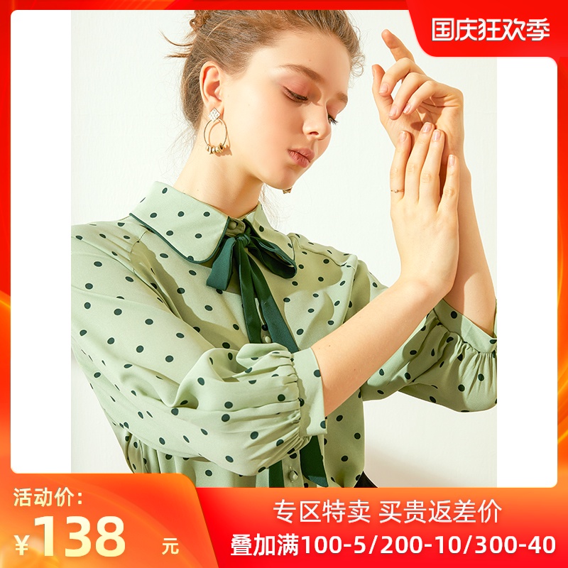 2020春新款欧美宽松洋气百搭波点上衣衬衫女蝴蝶结雪纺七分袖小衫