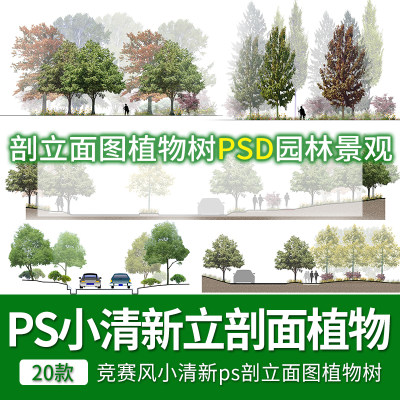 竞赛风小清新ps剖立面图植物树PSD园林景观后期源文件分层素材