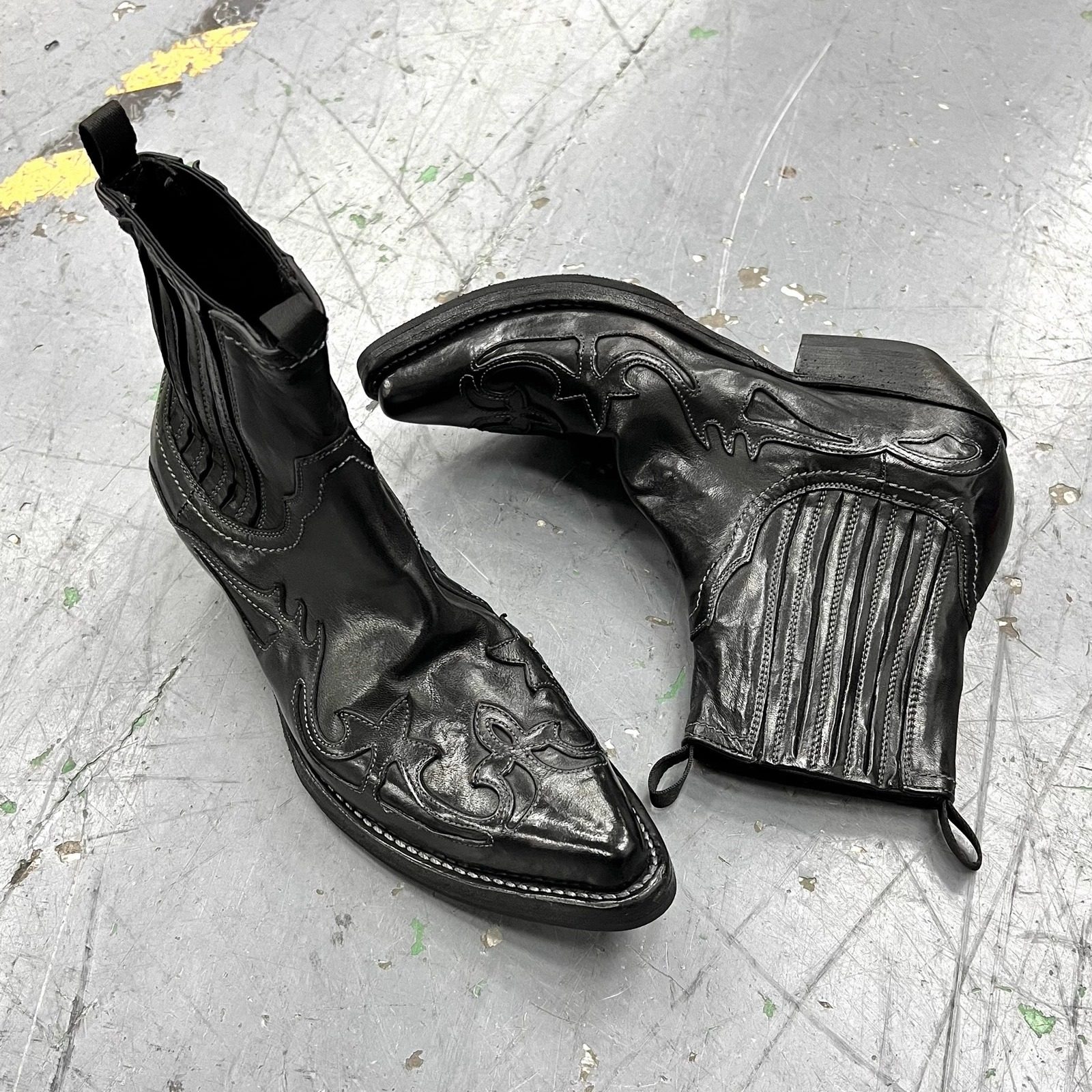 暗黑复古做旧火焰纹西部牛仔靴男