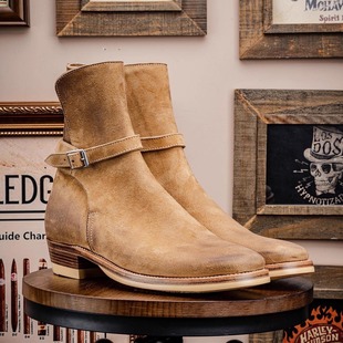 美式复古尖头切尔西靴男麂皮马丁靴反绒短筒工装靴中筒西部牛仔靴