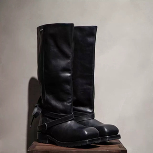 暗黑复古真皮骑士靴女士方头长靴高筒机车靴绑带工装靴引擎马丁靴